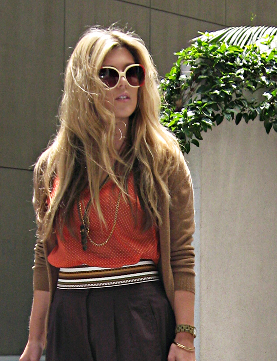 vintage sunglasses+long blonde hair+leyendecker sheer tank+cardigan and skirt