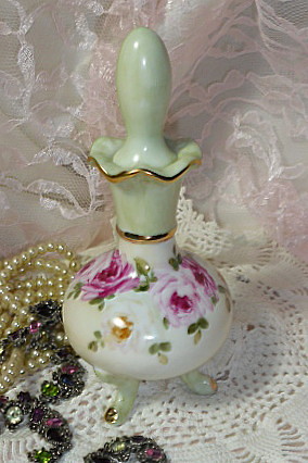 Shabby Romantic Vintage Cottage Chic perfume bottle with pink roses hand painted porcelain