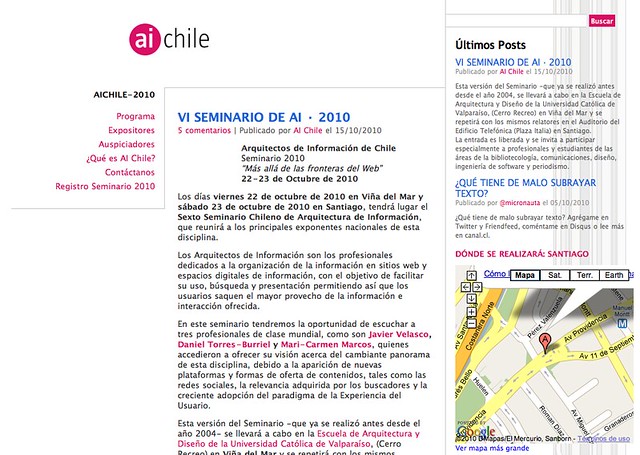 Captura de pantalla del site del VI Seminario de Arquitectura de Información. Chile.