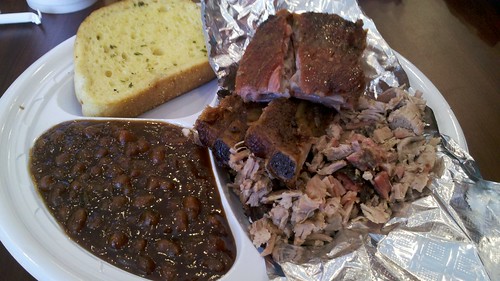 cole's bbq combo with ribs and chopped pork, and baked beans