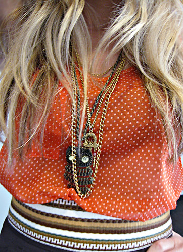 leyendecker polka dot sheer tank+owl necklace+gold chains+DIY ethnic sash belt+blond hair