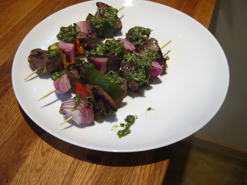 lamb kebobs with mint-cilantro pesto