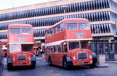 I.D.s 415 & 11273 photographed by John Ward on 1974-08-24 of Keighley West Yorkshire Bristol Lodekkas KWX 120D (fleet No 1812) and NWT 806D (fleet No 2824) at the bus station in Keighley, England, United Kingdom.