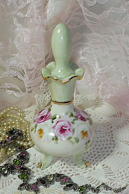 Shabby Romantic Vintage Cottage Chic perfume bottle with pink roses hand painted porcelain