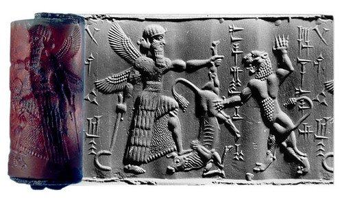 A Winged Hero Contesting with a Lion for a Bull, Cylinder seal and impression