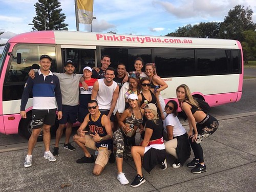 Sarah, Maddie & friends ride #PinkPartyBus from Maroubra Beach to #Midnight Mafia Concert at #Sydney Show Ground Sydney Olympic Park. #PartyShuttleOn