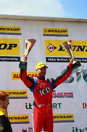 Jack Goff with his third place trophy on the podium at Thruxton, May 2017