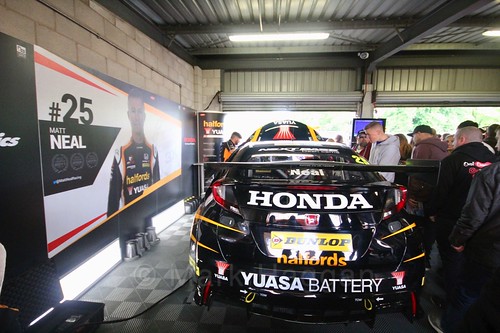 Inside the Team Halfords garage at Oulton Park, May 2017