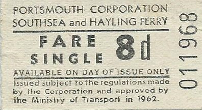 Portsmouth Corporation Southsea and Hayling Ferry Ticket, 8d
