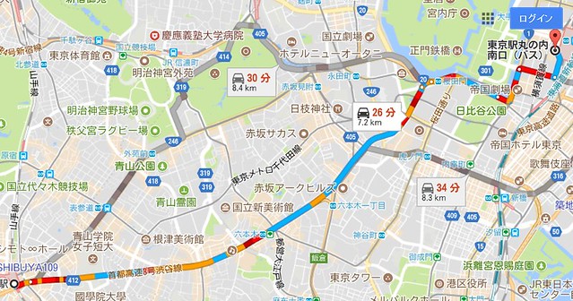 18時現在、渋谷駅→東京駅 高速利用