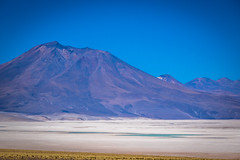 The salar in front of this volcano even had some blue like water on it.