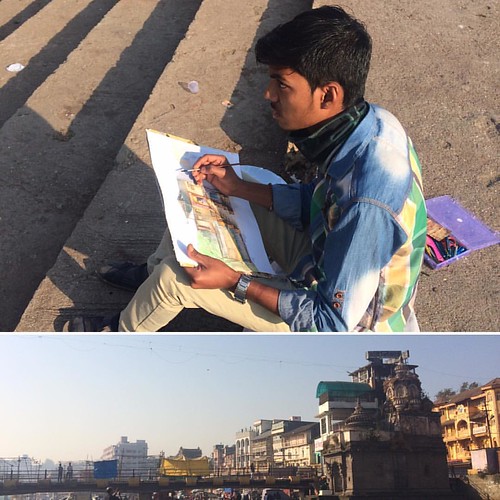 This is Rohit. An artist from #Nashik. He wants to go to #jjschoolofarts in a year or so. He is doing his practice work in the ghats of #godavari in #panchavati . These #ghats seem to have very ancient #temples with some #intricate #architecture. Coming a