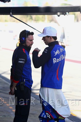 Pierre Gasly talks to his engineer during Formula One Winter Testing 2018